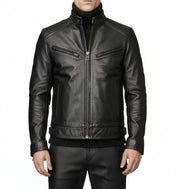 model-front-closed - Men black Leather Motorcycle Jacket, Black biker leather Jacket