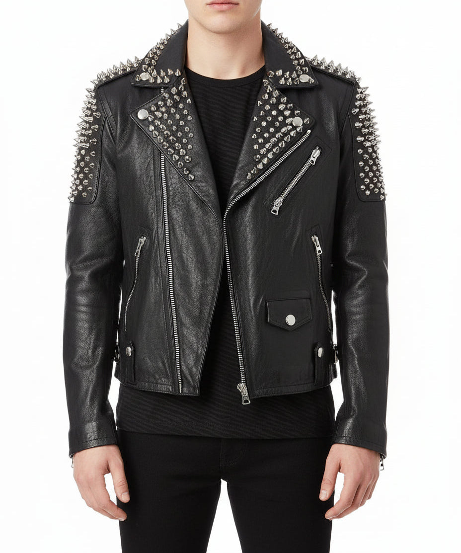 model-front-closed - Men Casual Black Silver Studded Rocker Punk Style Biker Leather Jacket