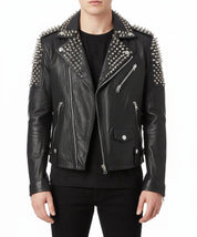model-front-closed - Men Casual Black Silver Studded Rocker Punk Style Biker Leather Jacket