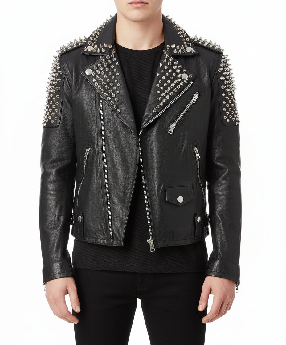 model-front-closed - Men Casual Black Silver Studded Rocker Punk Style Biker Leather Jacket