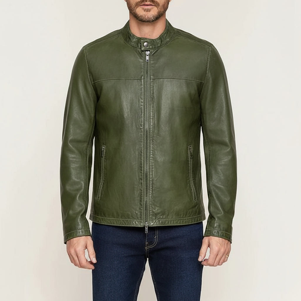 model-front-closed - Men Green Slim fit leather jacket, real leather biker jacket