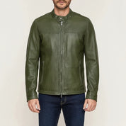 model-front-closed - Men Green Slim fit leather jacket, real leather biker jacket