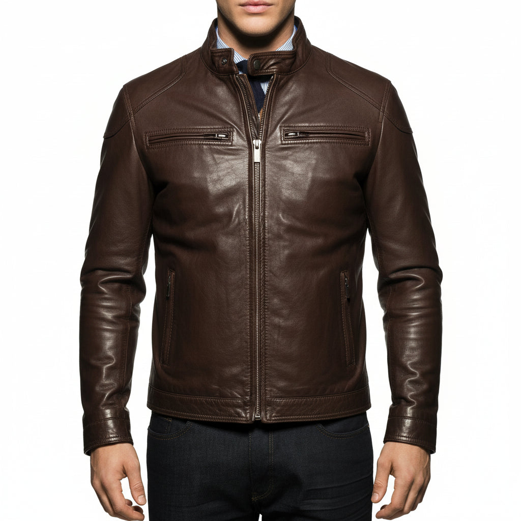 model-front-closed - Men Slim Fit Leather Jacket, Jackets, antique brown Leather Jacket