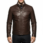 model-front-closed - Men Slim Fit Leather Jacket, Jackets, antique brown Leather Jacket