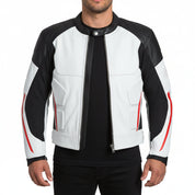 model-front-closed - Men two tone Biker Leather Jacket, Mens motorcycle Racing Jacket