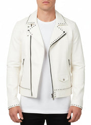 model-front-closed - Men White Studded Leather Jacket, Motorcycle Fashion Leather Jackets