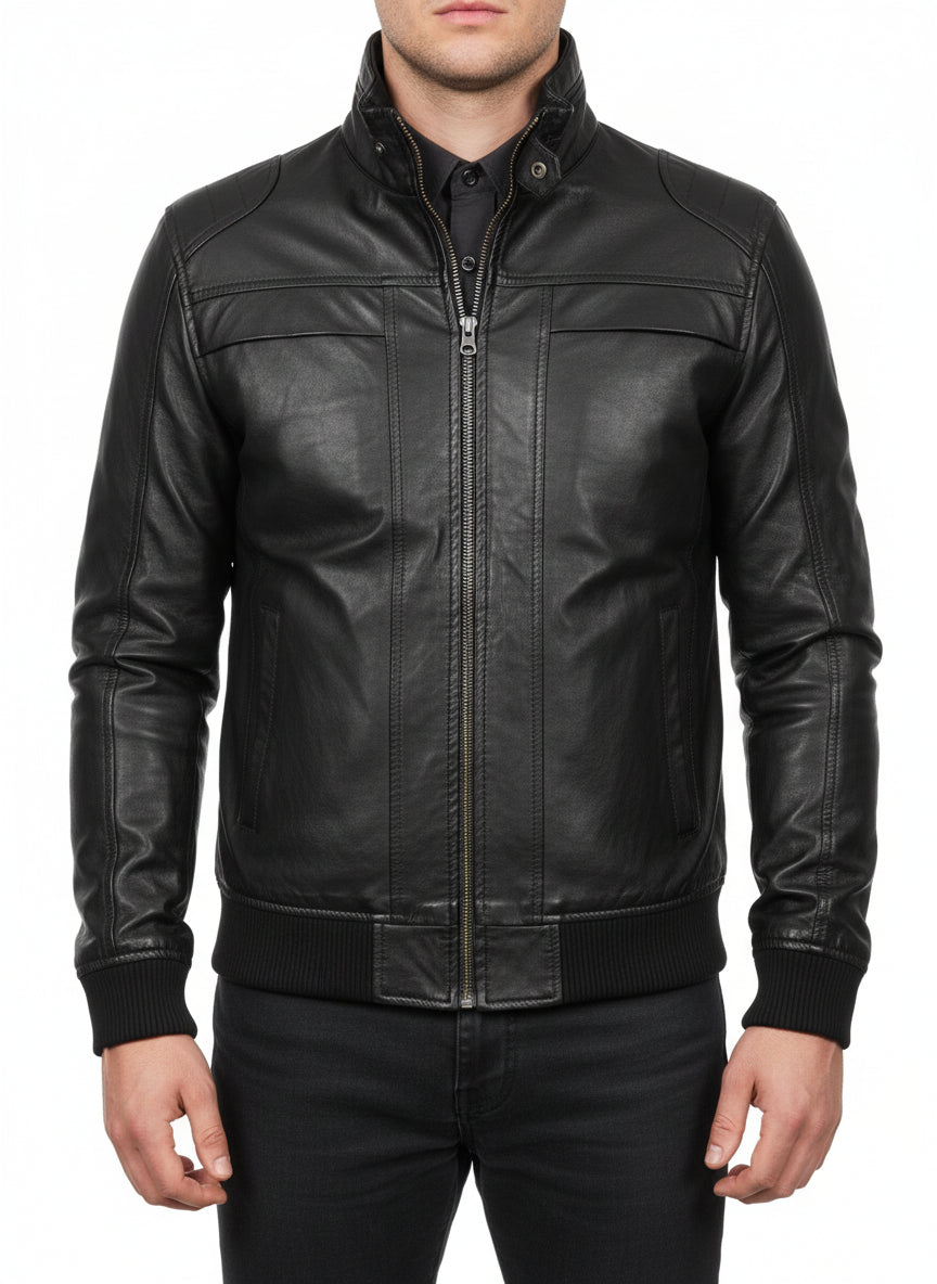model-front-closed - Mens Biker Leather Jacket, Men Slim Fit Black Biker Leather Jacket
