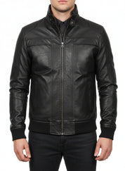 model-front-closed - Mens Biker Leather Jacket, Men Slim Fit Black Biker Leather Jacket