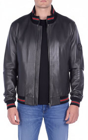 model-front-closed - Men's Bomber Leather Jacket, Leather Bomber Jacket, Men's Leather Jacket, Stylish Bomber Jacket