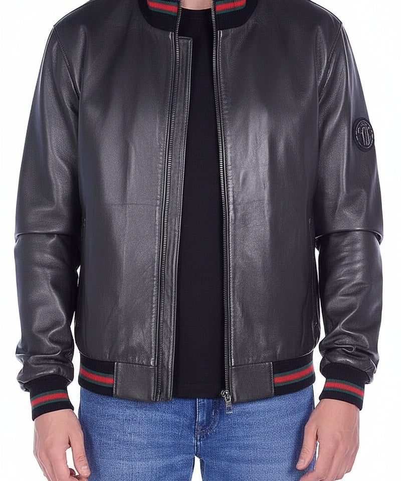 model-front-closed - Men's Bomber Leather Jacket, Leather Bomber Jacket, Men's Leather Jacket, Stylish Bomber Jacket