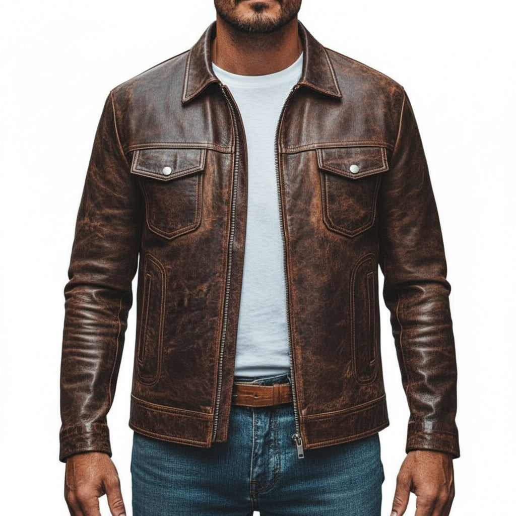 model-front-closed - Men's Cafe Racer Field Jacket, Leather Motorcycle Jacket, Handmade Biker Jacket, Distressed Leather Jacket