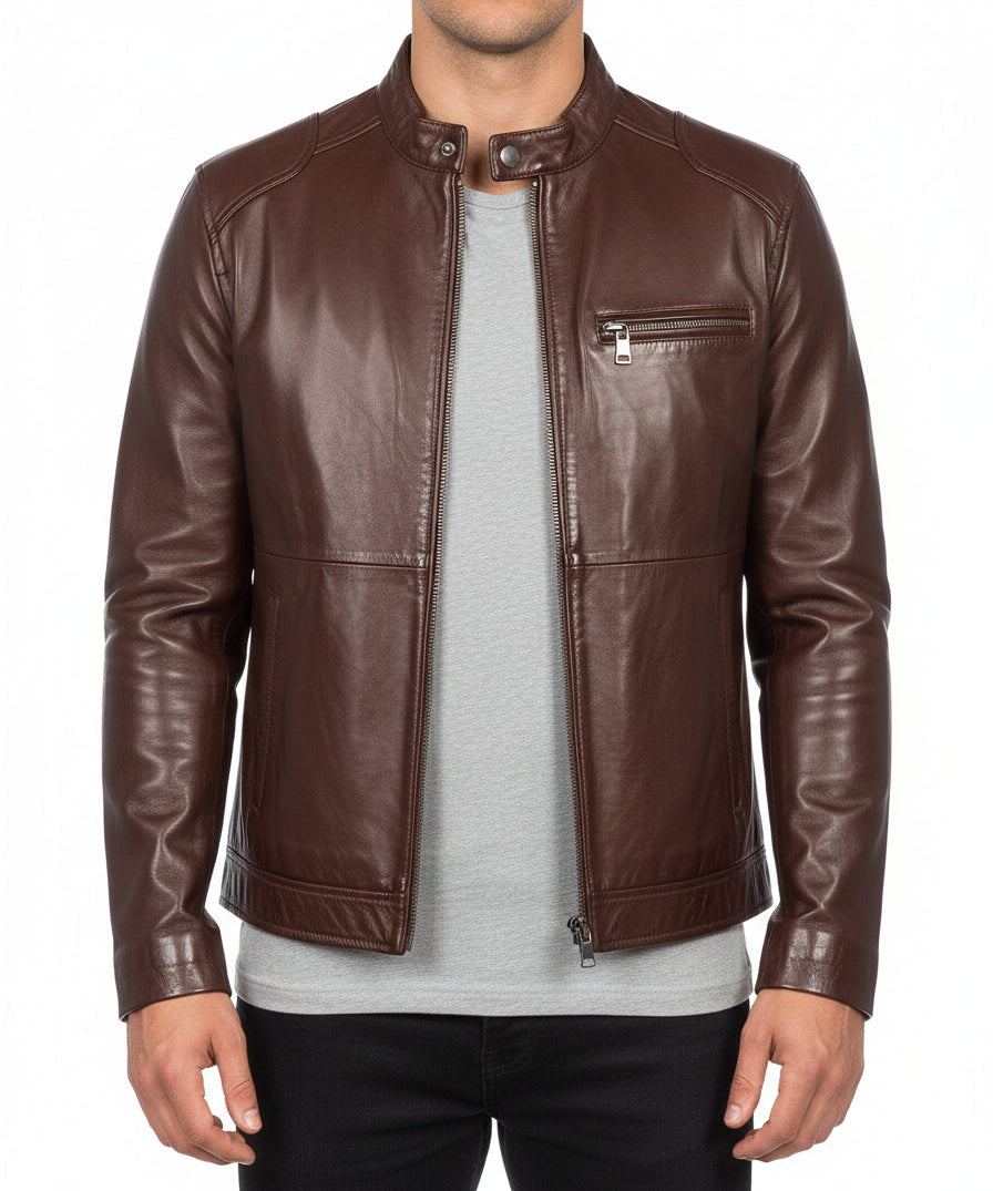 model-front-closed - Men's Cafe Racer Leather Jacket, Biker Leather Jacket, Motorcycle Leather Jacket, Leather Moto Jacket