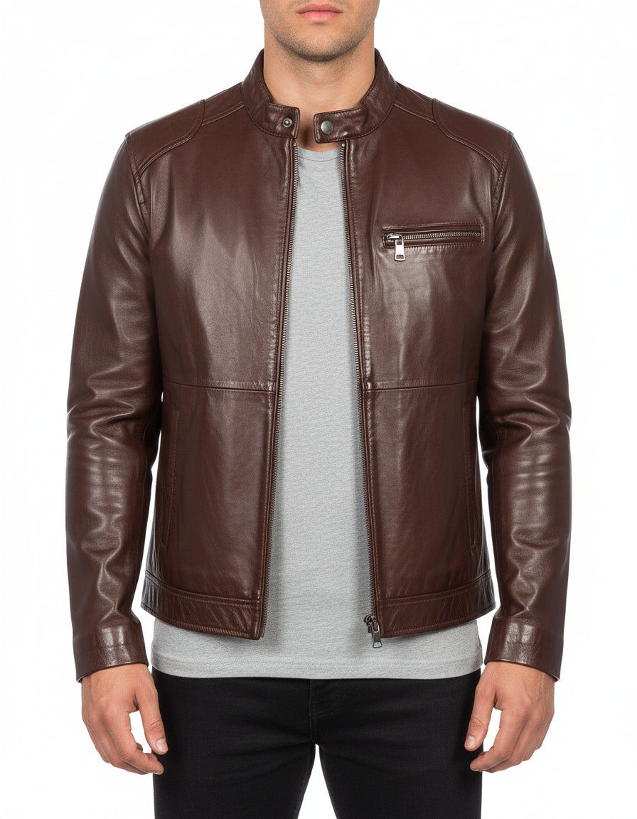 model-front-closed - Men's Cafe Racer Leather Jacket, Biker Leather Jacket, Motorcycle Leather Jacket, Leather Moto Jacket