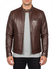 model-front-closed - Men's Cafe Racer Leather Jacket, Biker Leather Jacket, Motorcycle Leather Jacket, Leather Moto Jacket
