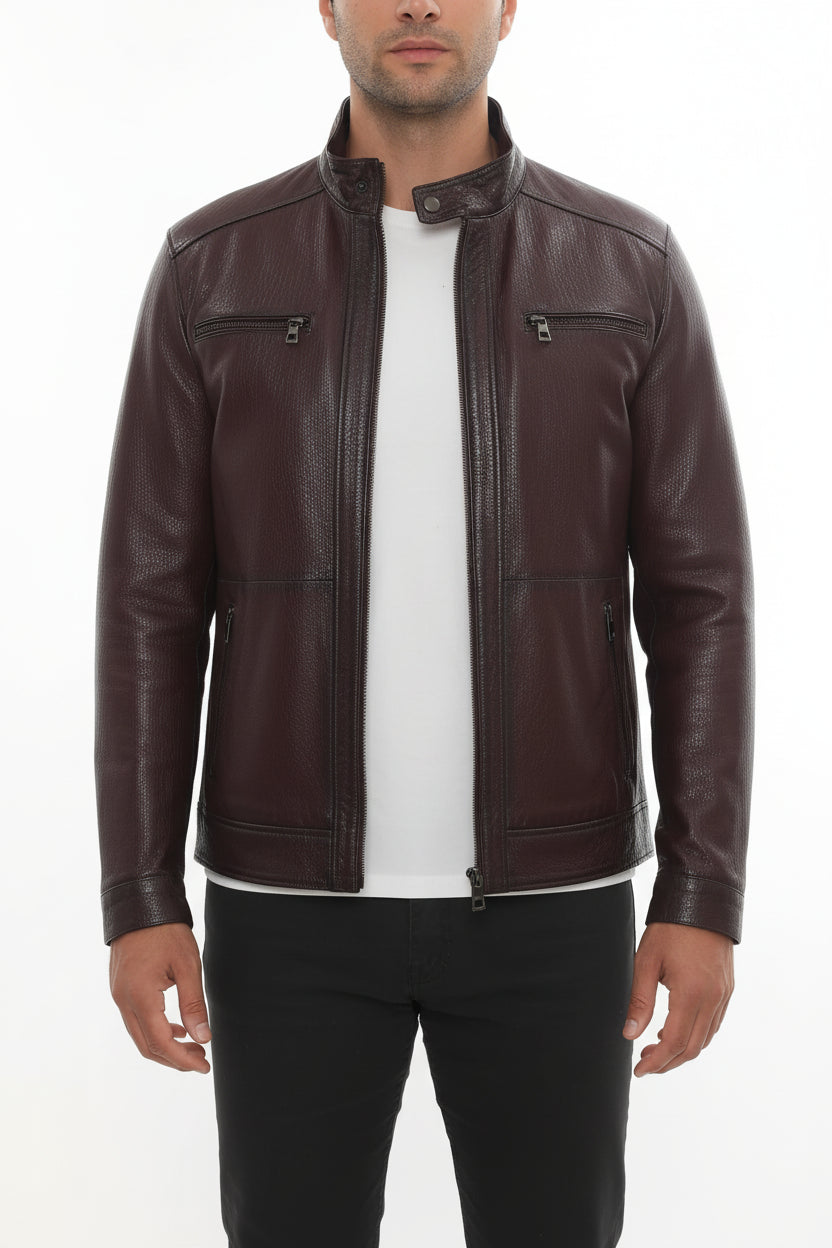 model-front-closed - Men's Cafe Racer Leather Jacket, Leather Biker Jacket, Men's Motorcycle Jacket, Men's Moto Jacket