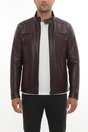 model-front-closed - Men's Cafe Racer Leather Jacket, Leather Biker Jacket, Men's Motorcycle Jacket, Men's Moto Jacket