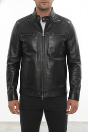 model-front-closed - Men's Cafe Racer Leather Jacket, Smooth Leather Biker Jacket, Men's Motorcycle Jacket, Leather Moto Jacket