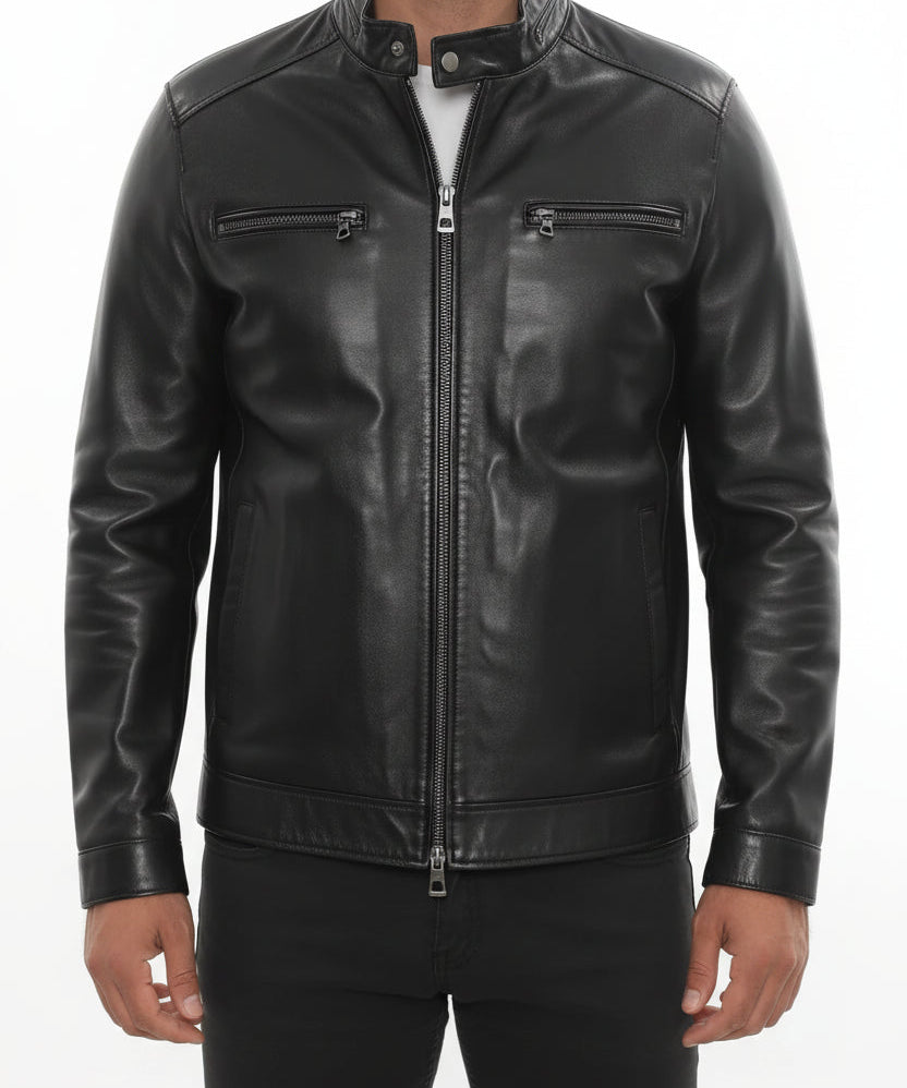 model-front-closed - Men's Cafe Racer Leather Jacket, Smooth Leather Biker Jacket, Men's Motorcycle Jacket, Leather Moto Jacket