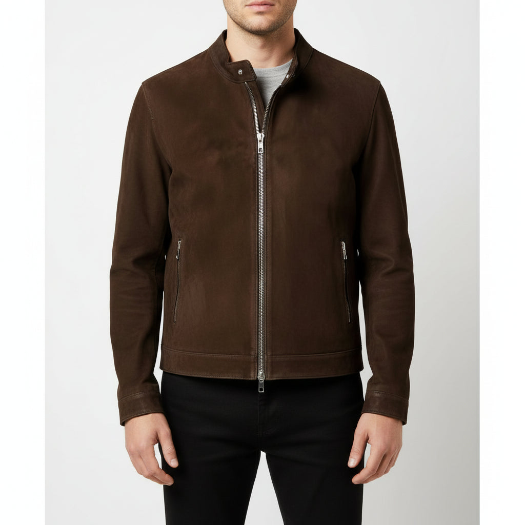 model-front-closed - Men's Cafe Racer Suede Jacket, Suede Biker Jacket, Suede Motorcycle Jacket, Men's Racer Style Jacket