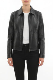 model-front-closed - Men's Classic Leather Jacket, Leather Shirt Collar Jacket, Handmade Leather Jacket, Minimalist Leather Jacket