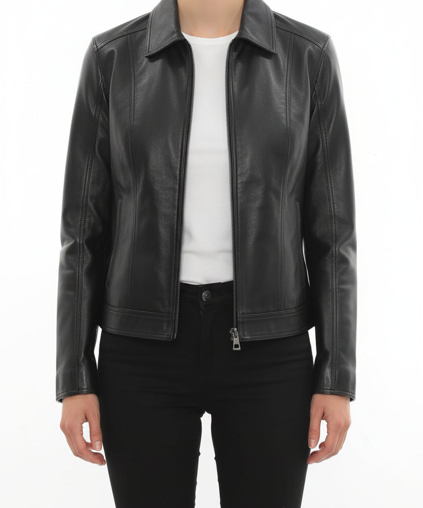 model-front-closed - Men's Classic Leather Jacket, Leather Shirt Collar Jacket, Handmade Leather Jacket, Minimalist Leather Jacket