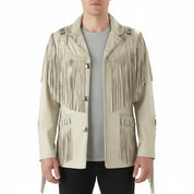 model-front-closed - Men's Fringed White Suede Cowboy Jacket