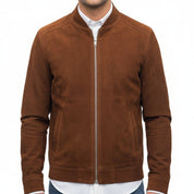 model-front-closed - Men's Handmade Brown Suede Biker Jacket