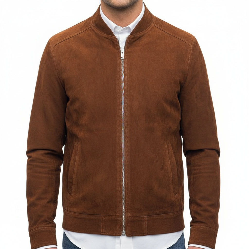 model-front-closed - Men's Handmade Brown Suede Biker Jacket
