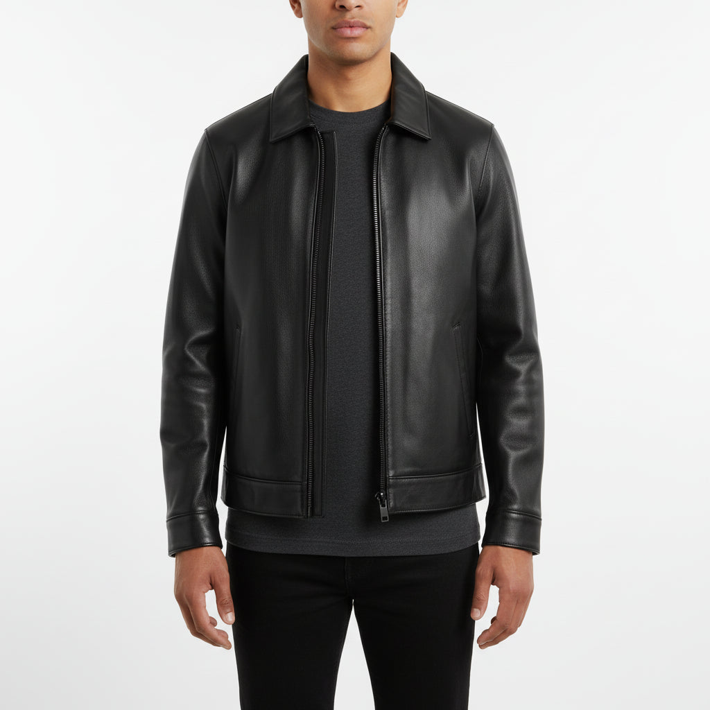model-front-closed - Men's Leather Jacket, Classic Leather Jacket, Minimalist Leather Jacket, Black Leather Jacket