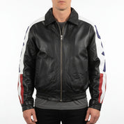 model-front-closed - Men's Leather USA Flag Jacket with YKK Zips