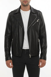 model-front-closed - Men's Moto Leather Jacket, Biker Jacket, Asymmetrical Zip Leather Jacket, Motorcycle Jacket