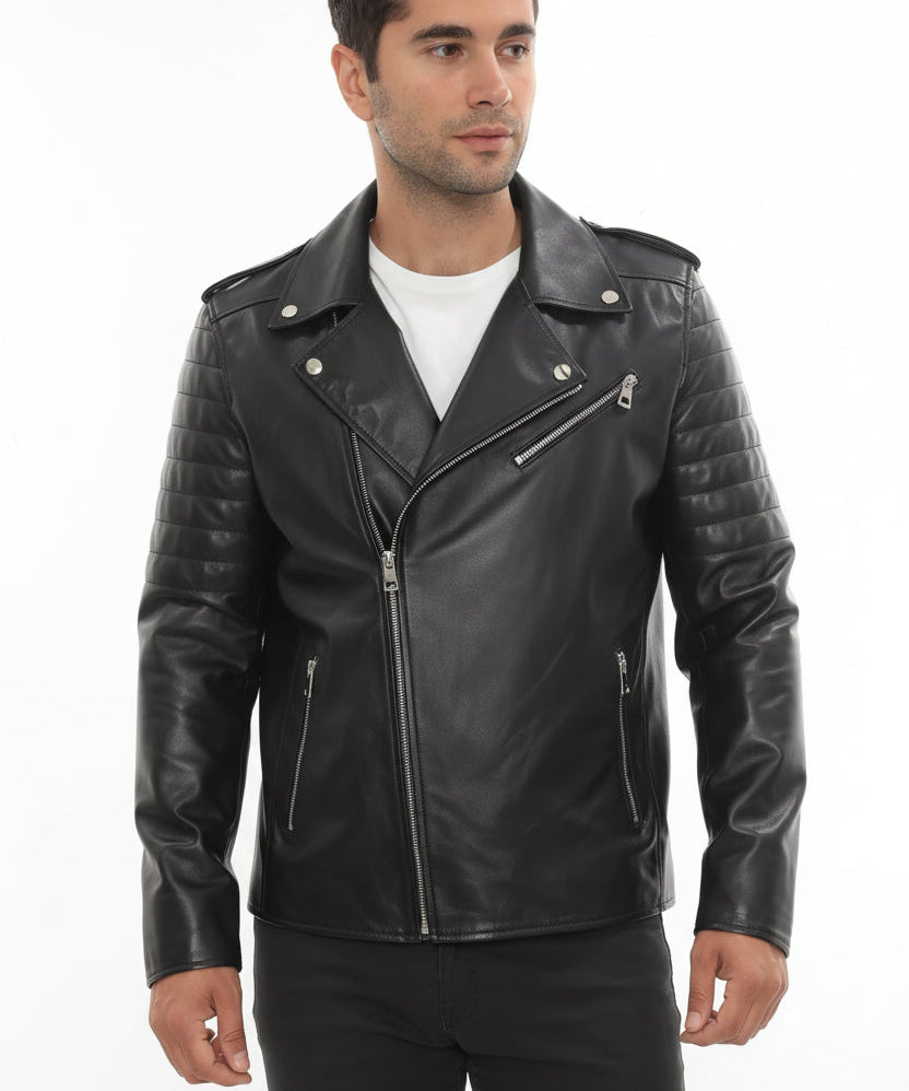 model-front-closed - Men's Moto Leather Jacket, Biker Jacket, Leather Motorcycle Jacket, Men's Leather Moto Jacket