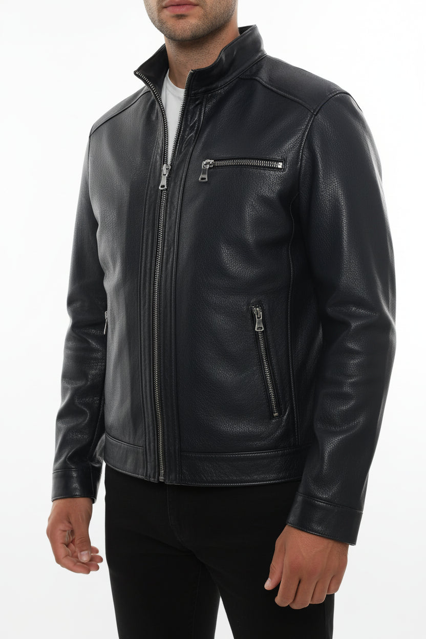model-front-closed - Men's Racer Leather Jacket, Black Leather Jacket, Cafe Racer Jacket, Slim Fit Biker Jacket