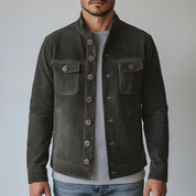 model-front-closed - Men's Shirt Jacket, Men's Utility Jacket, Olive Green Suede Jacket, Casual Suede Jacket