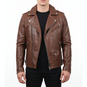 model-front-closed - Men's Slim Fit Brown Motorcycle Leather Jacket