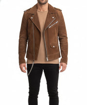 model-front-closed - Mens Tan brown Suede biker Jacket, Men brown biker suede leather Jacket