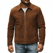 model-front-closed - Men's Trucker Suede Jacket, Suede Biker Jacket, Men's Casual Suede Jacket, Suede Moto Jacket