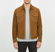 model-front-closed - Men's Trucker Suede Jacket, Suede Jacket for Men, Classic Suede Trucker Jacket, Medium Brown Suede Jacket