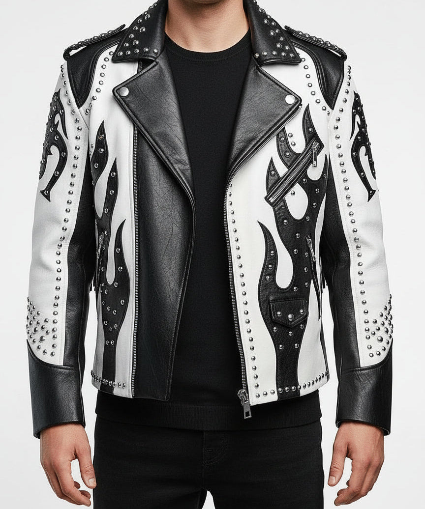 model-front-closed - Men's Two Tone Studded White Leather Biker Jacket