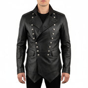 model-front-closed - Punk Men Real Leather Jacket, Steam Jacket Coat Leather Coat Jacket