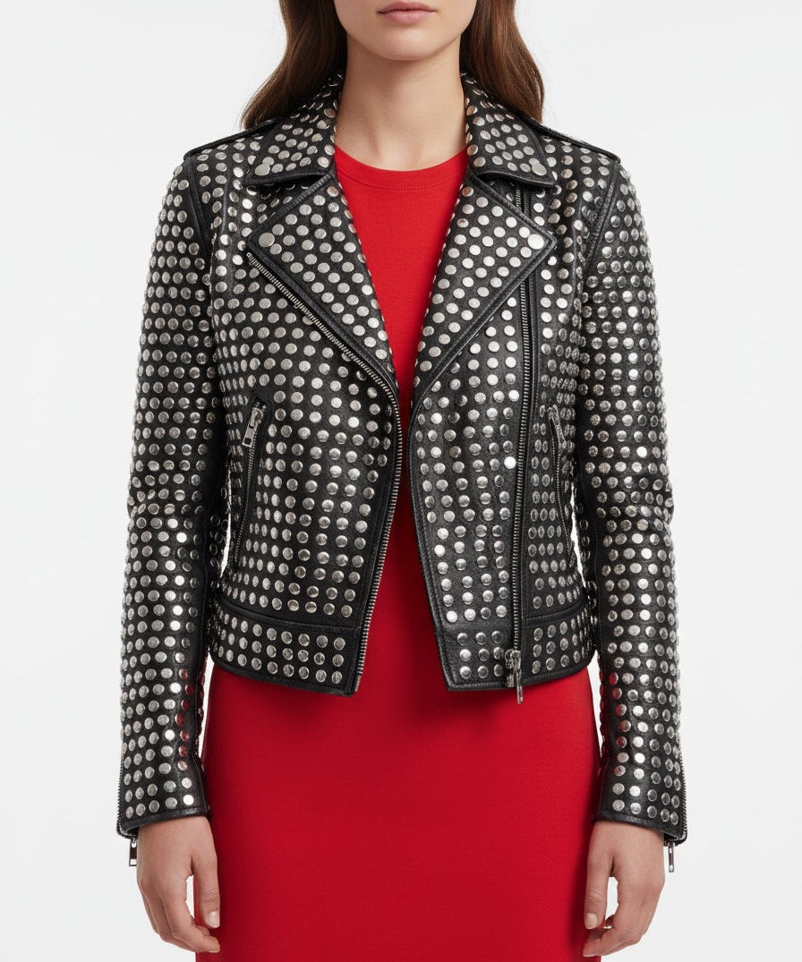 model-front-closed - Women All over sliver studded Moto Jacket, 's Fashion moto Jacket