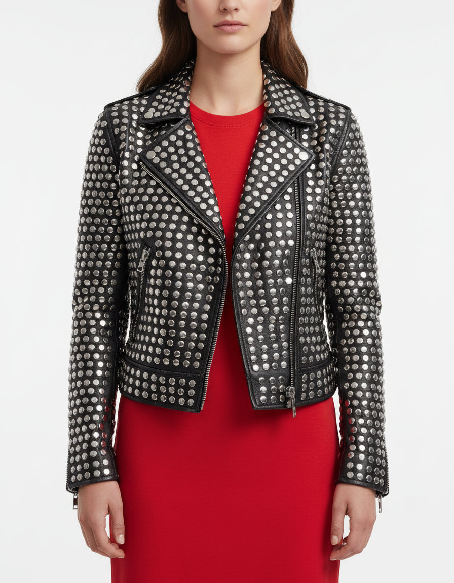 model-front-closed - Women All over sliver studded Moto Jacket, 's Fashion moto Jacket