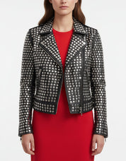 model-front-closed - Women All over sliver studded Moto Jacket, 's Fashion moto Jacket