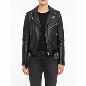 model-front-closed - Women Black Leather moto Jacket, Womens Fashion black leather belted Jacket