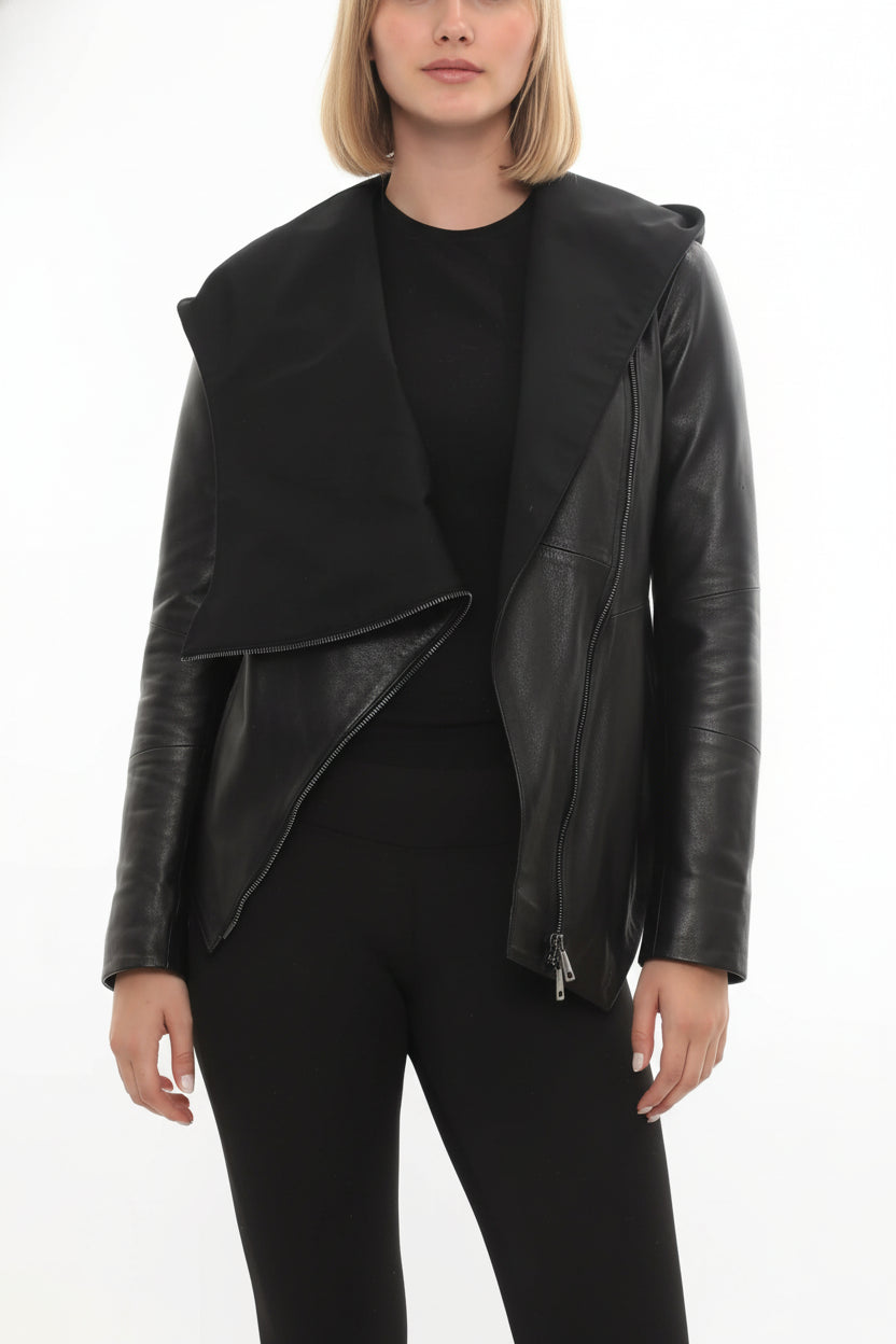 model-front-closed - Women's Asymmetrical Zip Leather Jacket, Women's Leather Biker Jacket, Women's Moto Jacket, Leather Motorcycle Jacket