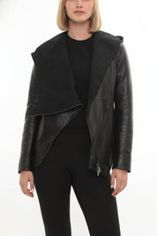 model-front-closed - Women's Asymmetrical Zip Leather Jacket, Women's Leather Biker Jacket, Women's Moto Jacket, Leather Motorcycle Jacket