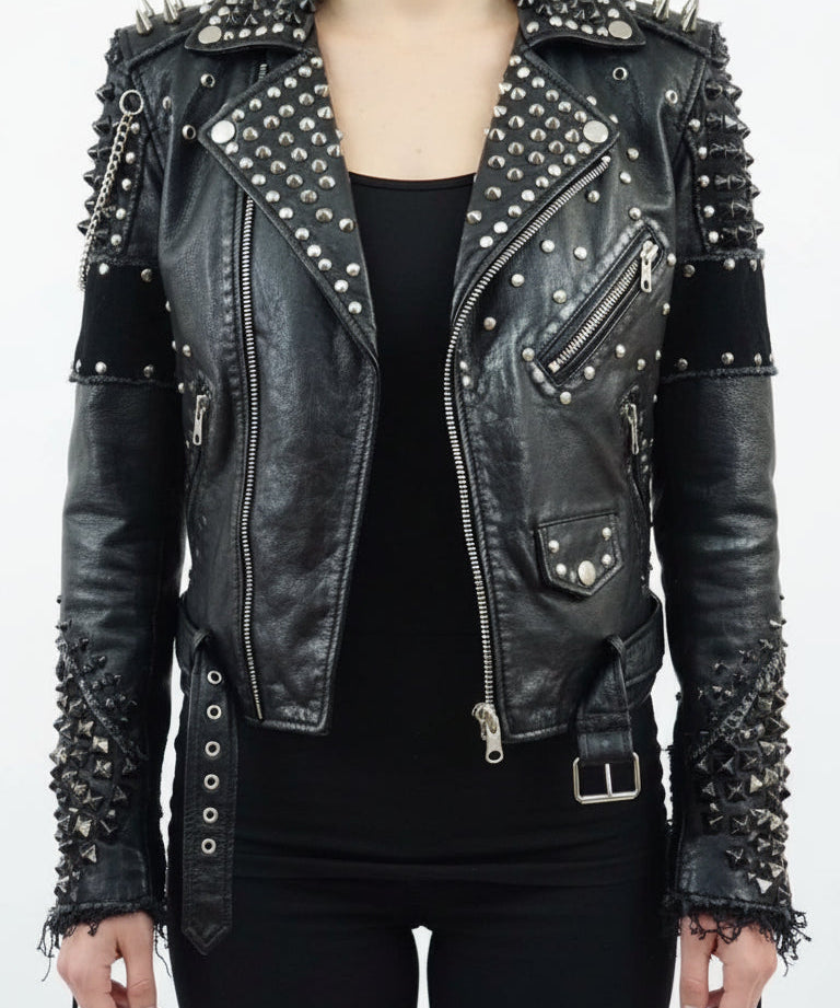 model-front-closed - Women's Biker Leather Jacket, Custom Moto Jacket, Handmade Leather Jacket, Punk Style Biker Jacket