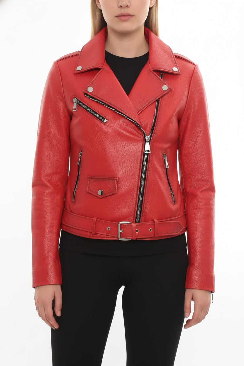 model-front-closed - Women's Biker Leather Jacket, Moto Jacket for Women, Handmade Leather Jacket, Distressed Red Biker Jacket