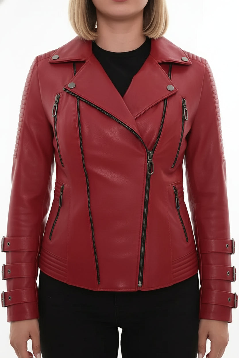 model-front-closed - Women's Biker Leather Jacket, Moto Jacket for Women, Handmade Leather Biker Jacket, Asymmetrical Zip Women's Jacket