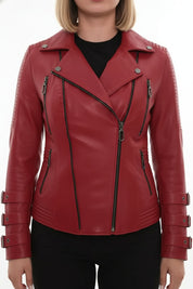 model-front-closed - Women's Biker Leather Jacket, Moto Jacket for Women, Handmade Leather Biker Jacket, Asymmetrical Zip Women's Jacket